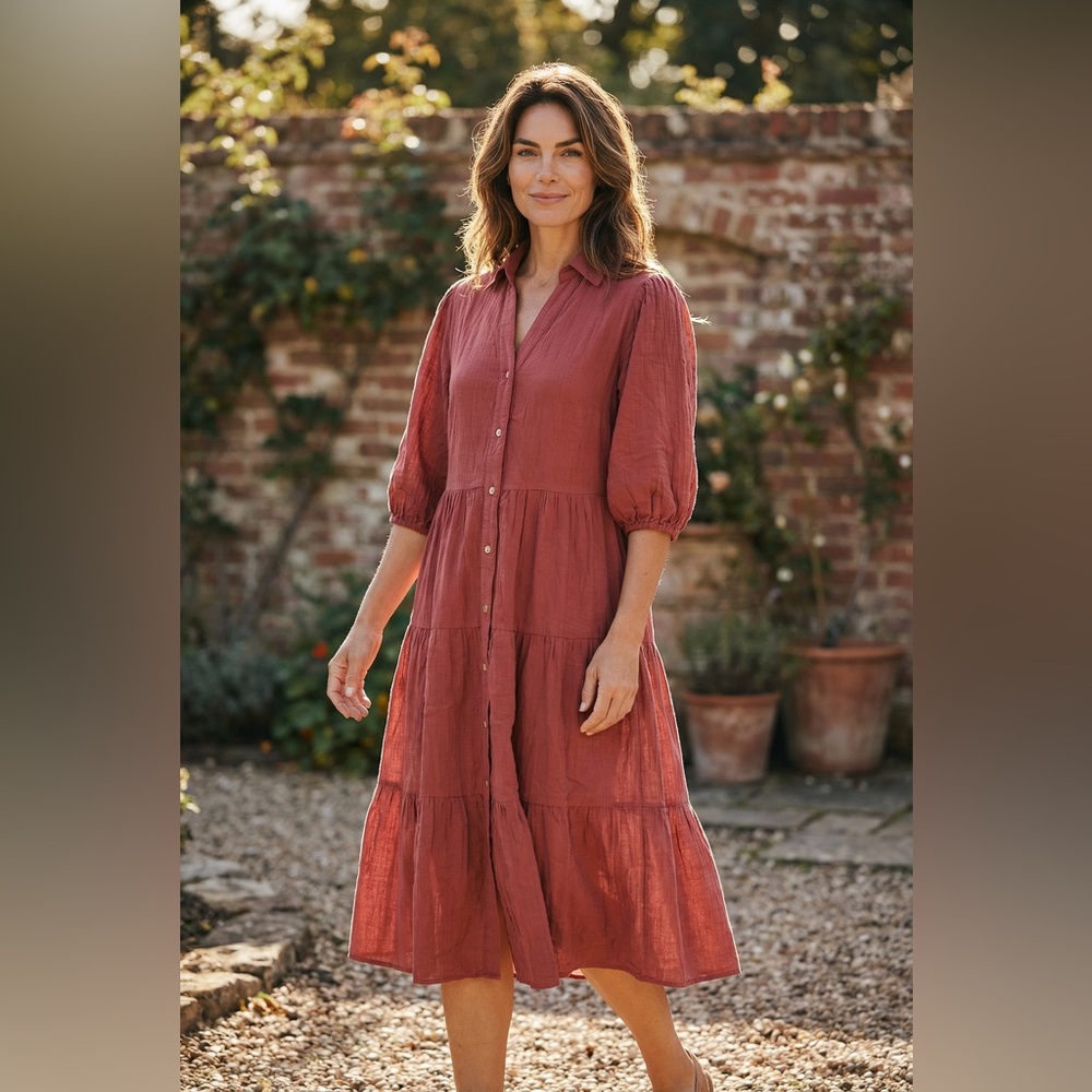 🌸 She + Sky Linen Blend Tiered Midi Dress Dusty Rose Brick Red Small NWT